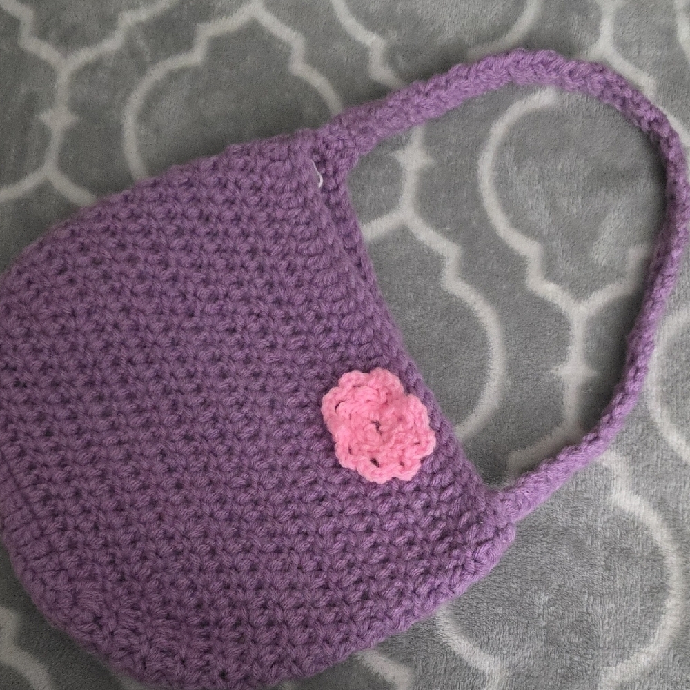 Purple Crochet Kids Bag with Pink Flower